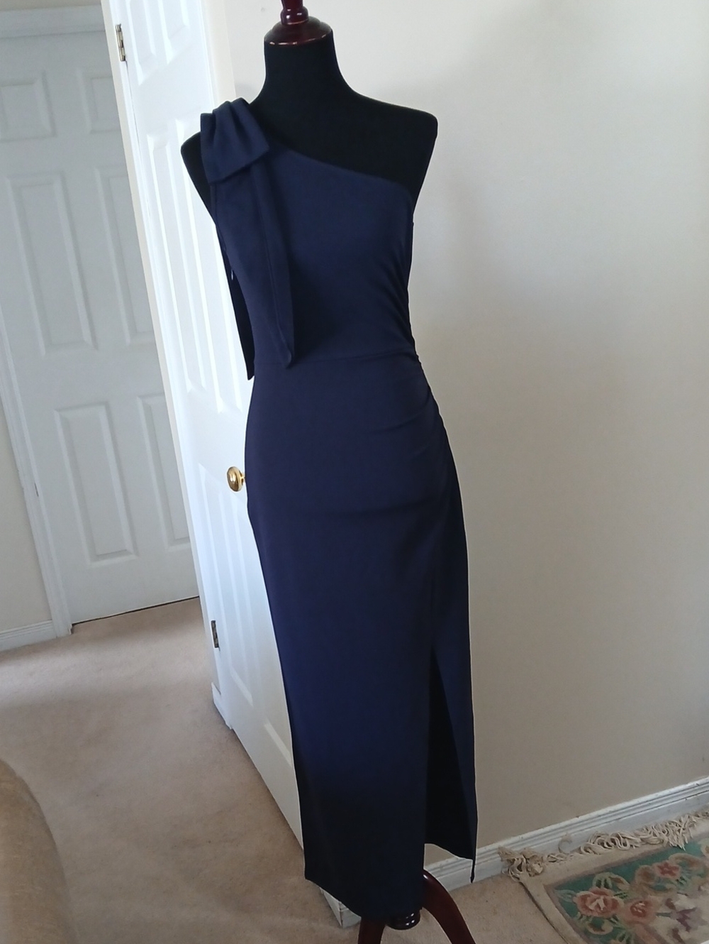 Navy One-Shoulder Evening Dress with Side Drape